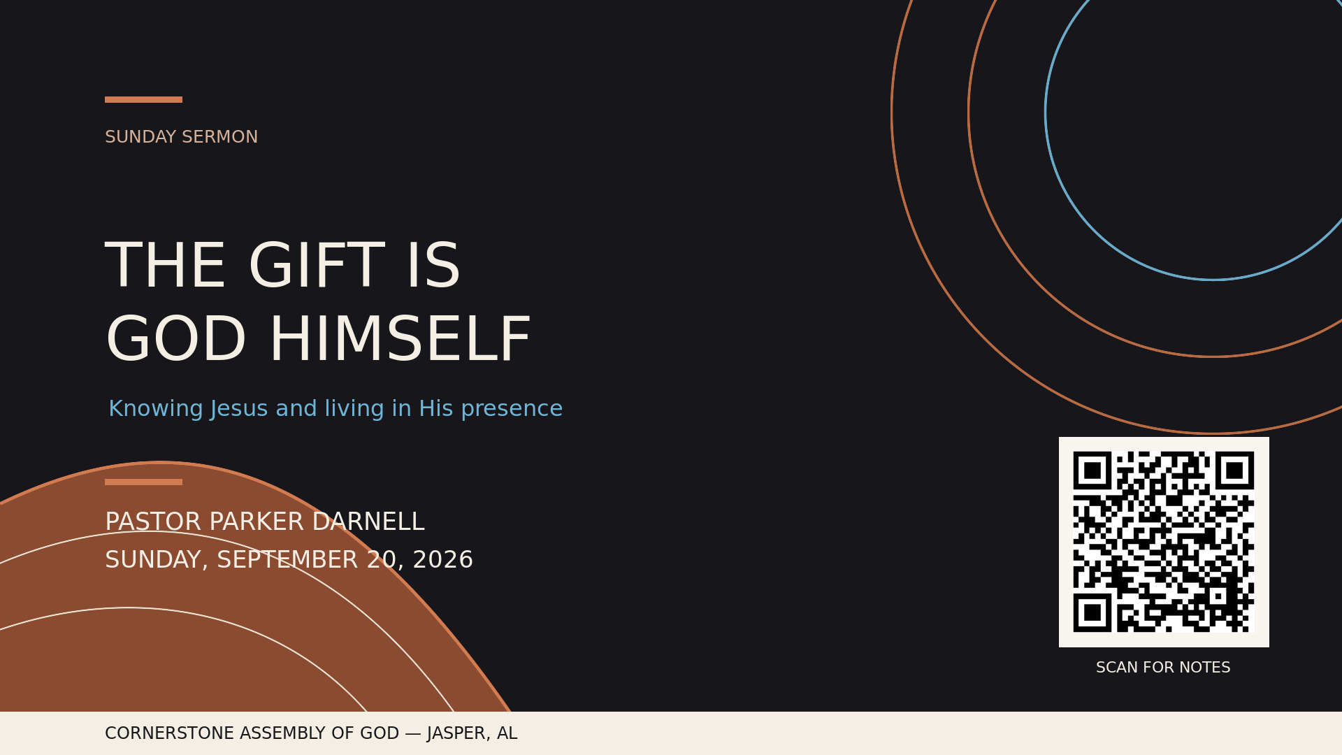 The Gift Is God Himself sermon title card for Pastor Parker Darnell at Cornerstone Assembly of God in Jasper, Alabama, Sunday, September 20, 2026.